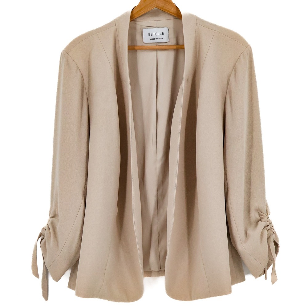 Estelle Open Front Blazer Womens Ruched Tie Sleeve Plus 2X/20W Beige China